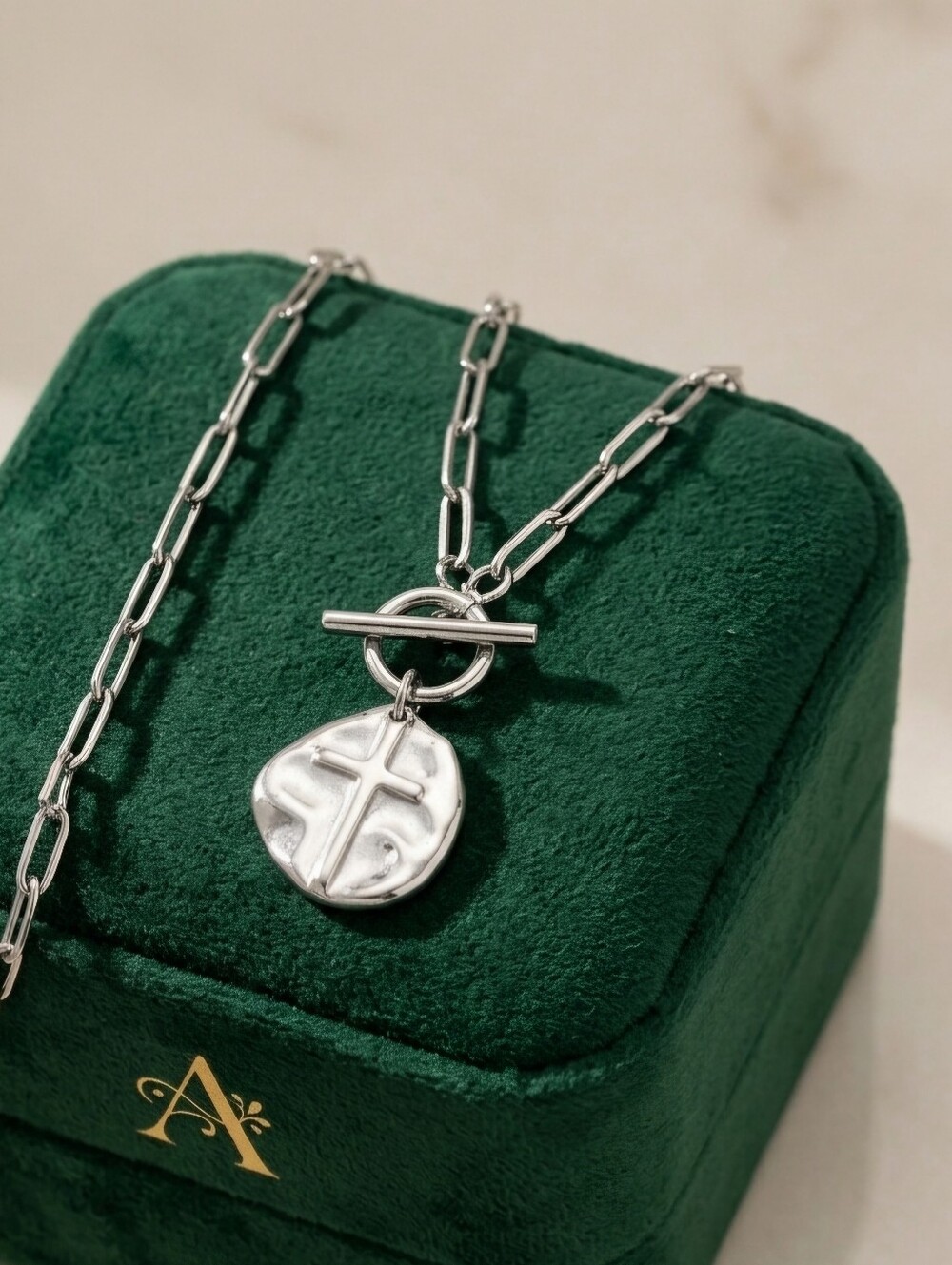 Paperclip Chain Necklace with Hammered Cross Pendant
